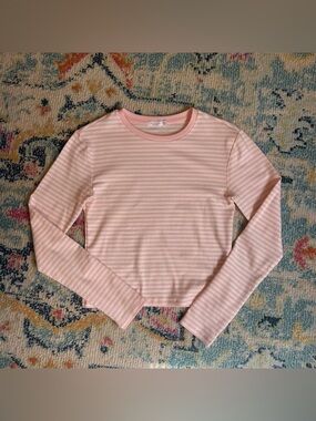 Pink & White Striped Long Sleeve Top – Medium